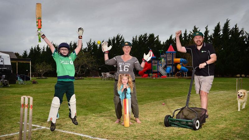 Accountant Adrian Raftery — pictured with wife Kylie and kids Hamish, 7, and Zoe, 4 — has taken sprucing up the yard to the next level by adding a cricket pitch, soccer field and playground. Picture: Nicki Connolly Source: News Corp Australia